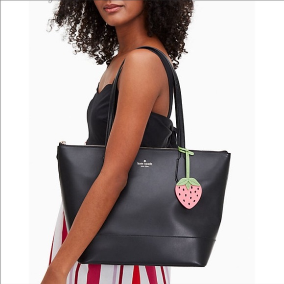 ❌SOLD❌ Kate Spade Braelynn black leather tote bag w strawberry bag charm NWT - Picture 3 of 14